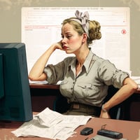 tired woman sitting at desk.  Norman Rockwell