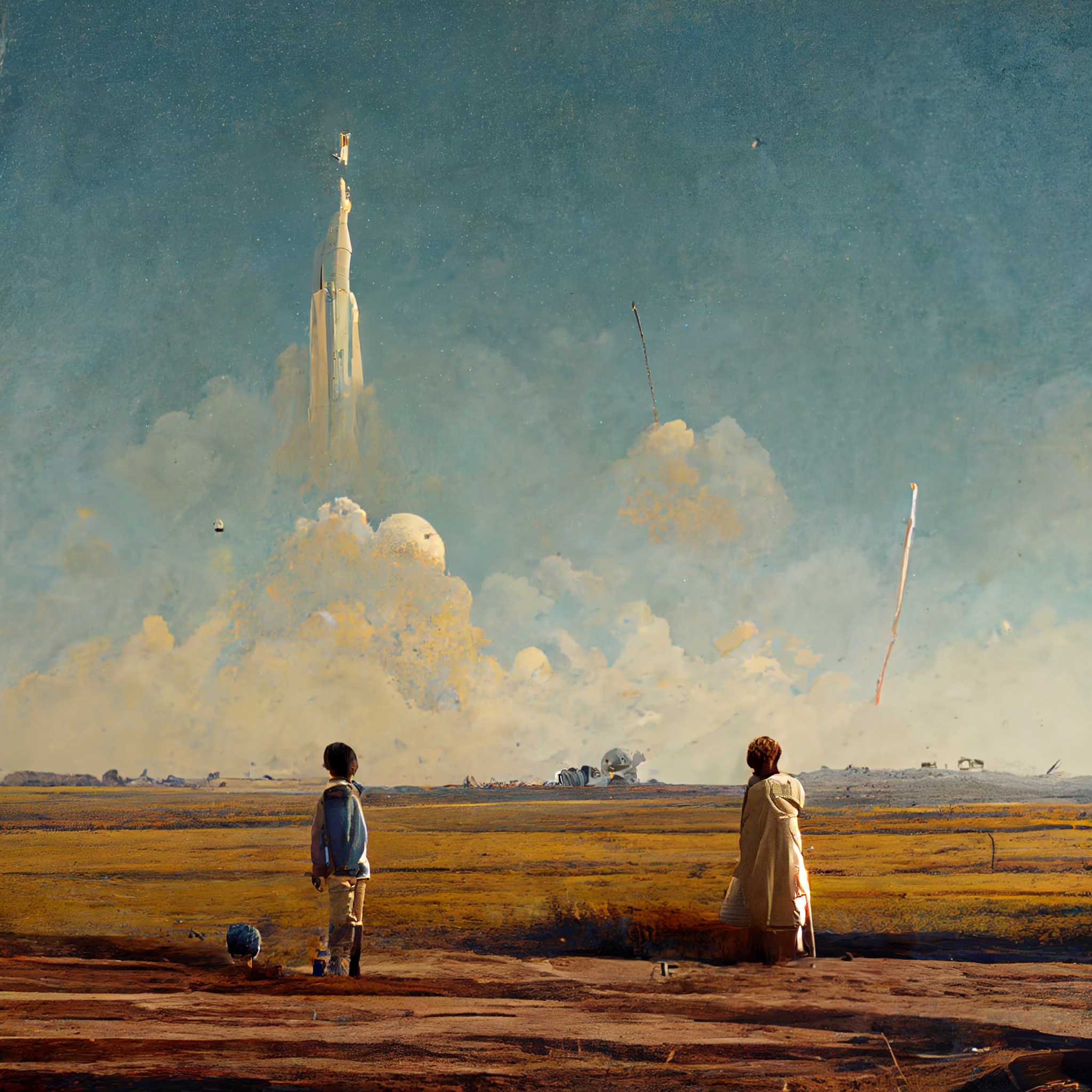 two kids watching a rocket launch